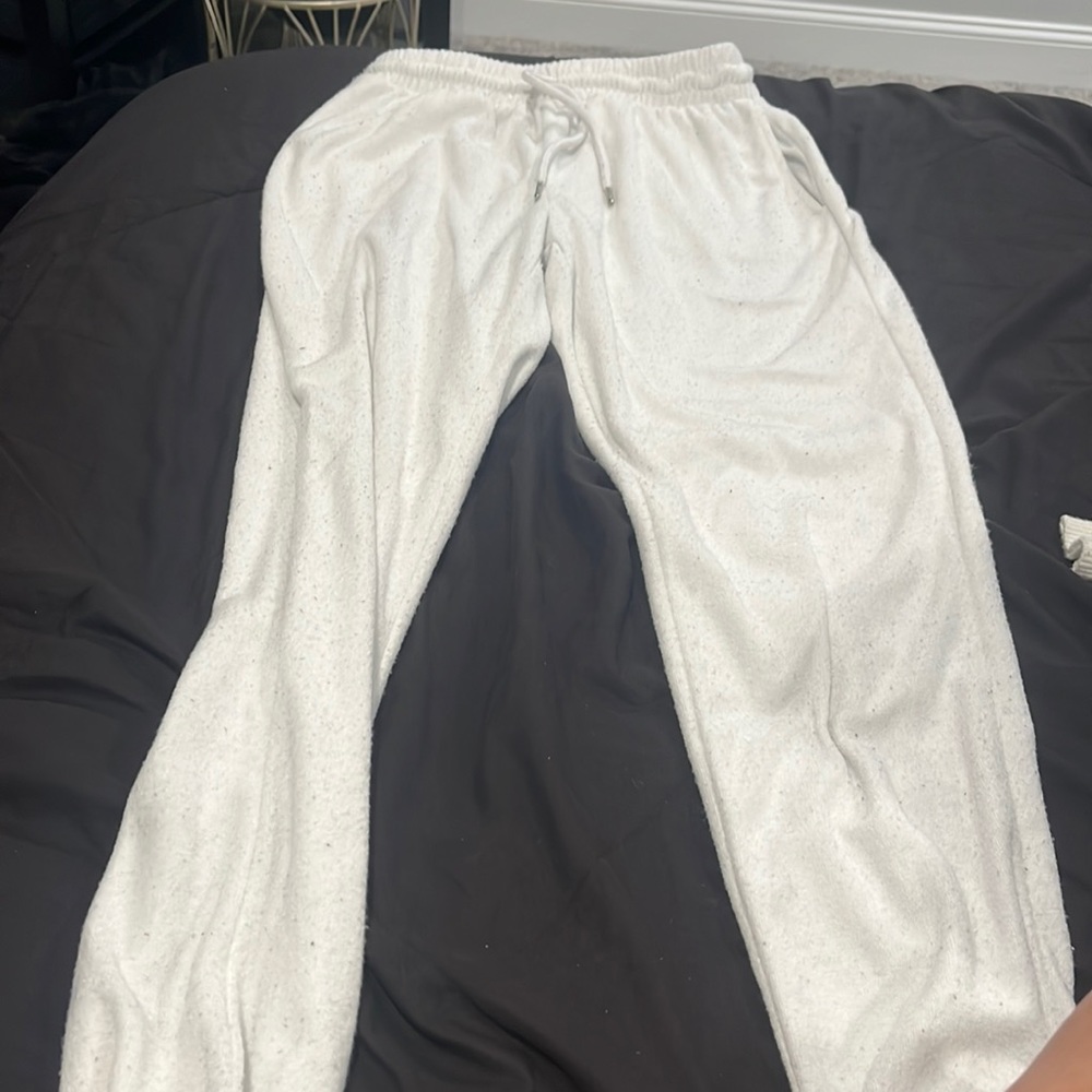 white sweats, stretchy, long